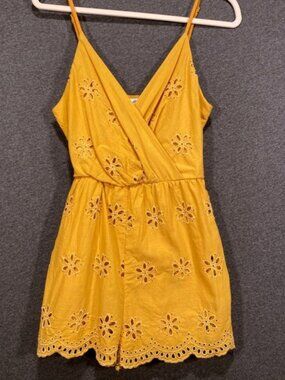 Blue Rain Mustard Yellow Eyelet Romper Floral Cutout Scalloped Hem Womens Medium